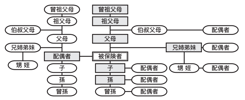 被保険者と同居していなくてもよい人（長方形） 父母、配偶者、子、孫、兄姉弟妹 被保険者と同居していることが要件の人（角丸） 曾祖父母、祖父母、父母（配偶者側）、伯叔父母、兄姉弟妹（配偶者側）、甥 姪、子（配偶者側）、孫（配偶者側）、曾孫、曾孫（配偶者側）、および各配偶者