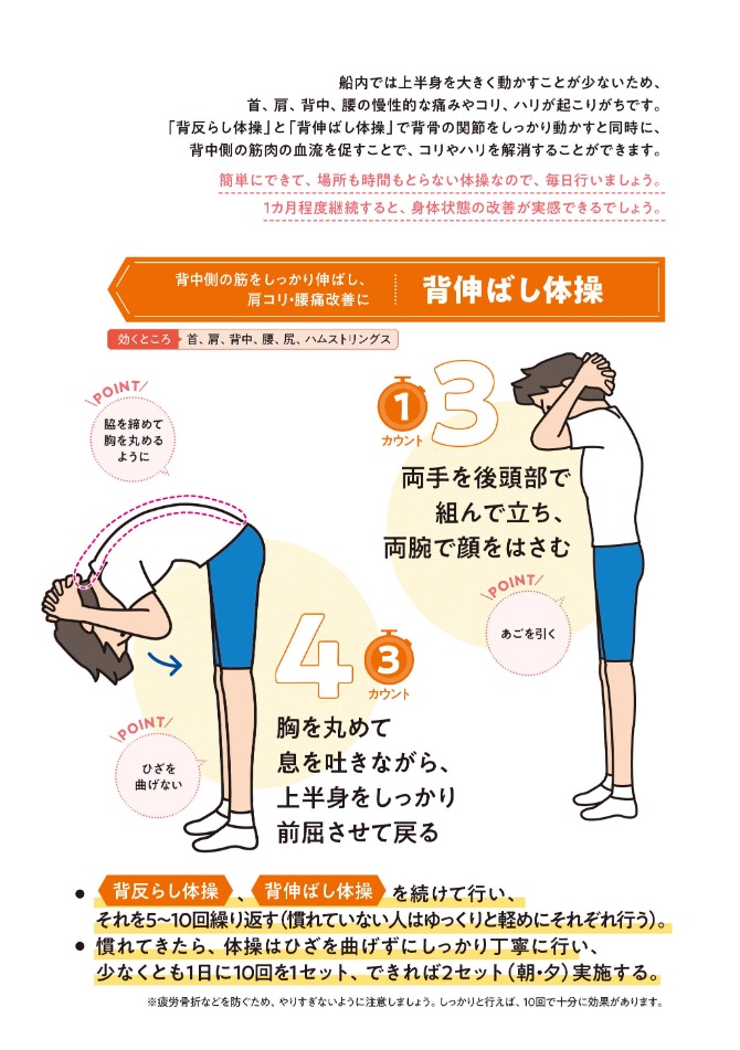 船員向け健康づくり冊子『ヘルスコンパス』より抜粋「背反らし・背伸ばし体操②」