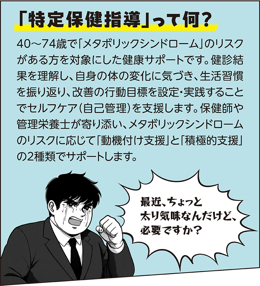 「特定保健指導」って何？ 40～74歳で「メタボリックシンドローム」のリスクがある方を対象にした健康サポートです。 健診結果を理解し、自身の体の変化に気づき、生活習慣を振り返り、改善の行動目標を設定・実践することでセルフケア（自己管理）を支援します。保険師や管理栄養士が寄り添い、メタボリックシンドロームのリスクに応じて「動機付け支援」と「積極的支援」の2種類でサポートします。 最近、ちょっと太り気味なんだけど、必要ですか？
