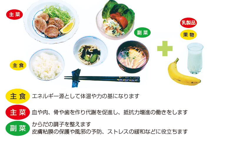 主食：エネルギー源として体温や力の基になります 主菜：血や肉、骨や歯を作り代謝を促進し抵抗力増進の働きをします 副菜：からだの調子を整えます 皮膚粘膜の保護や風邪の予防、ストレスの緩和などに役立ちます