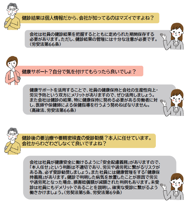 質問：健診結果は個人情報だから、会社が知ってるのはマズイですよね？ 回答：会社は社員の健診結果を把握するとともに定められた期間保存する必要があります。ただし、健診結果の管理には十分な注意が必要です。（労安法第66条） 質問：健康サポート？自分で気を付けてもらったら良いでしょ？ 回答：健康サポートを活用することで、社員の健康保持と会社の生産性向上・労災予防という双方にメリットがありますので、ぜひ活用しましょう。また会社は健診の結果、特に健康保持に努める必要がある労働者に対し、医師や保健師による保健指導を行うよう努めねばなりません。（高確法、労安法第66条） 質問：健診後の要治療や要精密検査の受診勧奨？本人に任せています。会社からわざわざしなくて良いですよね？ 回答：会社は社員が健康安全に働けるように「安全配慮義務」がありますので、「本人任せ」という判断は不適切であり、労災や過労死に繋がるリスクがある為、必ず受診勧奨しましょう。また社員には健康管理をする「健康保持義務」があります。健診で判明した病気を放置したことが原因で労災や過労死となった場合、損害賠償額が減額された判例もあります。未受診は社員にもデメリットであることを説明し、確実な受診に繋がるよう働きかけましょう。（労契法第5条、労安法第69条）