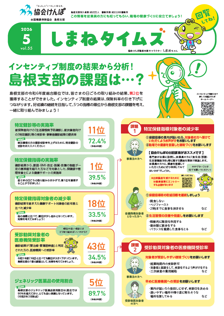納入告知書同封チラシ令和８年５月号 インセンティブ制度、重症化予防、事業者健診の結果データ提供のお願いについて掲載しています。