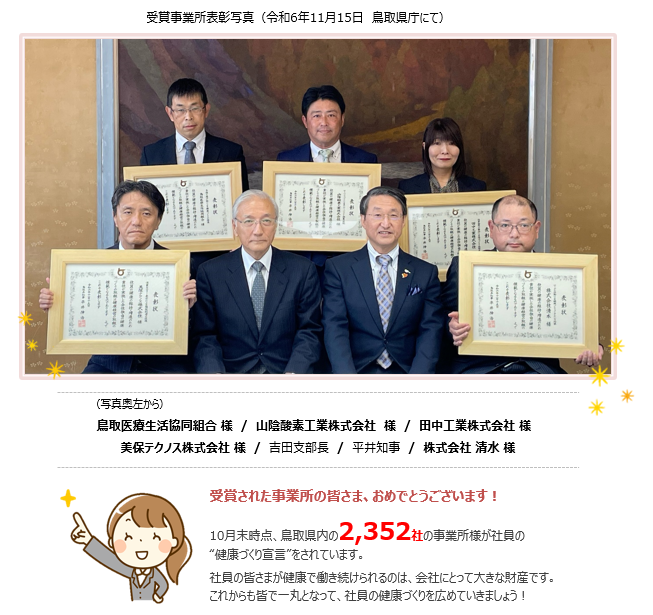 受賞事業所表彰写真（令和6年11月15日 鳥取県庁にて） （写真奥左から） 鳥取医療生活協同組合 様 ／ 山陰酸素工業株式会社 様 ／ 田中工業株式会社 様 美保テクノス株式会社 様 ／ 吉田支部長 ／ 平井知事 ／ 株式会社 清水 様 受賞された事業所の皆さま、おめでとうございます！ 10月末時点、鳥取県内の2,352社の事業所様が社員の“健康づくり宣言”をされています。 社員の皆さまが健康で働き続けられるのは、会社にとって大きな財産です。 これからも皆で一丸となって、社員の健康づくりを広めていきましょう！