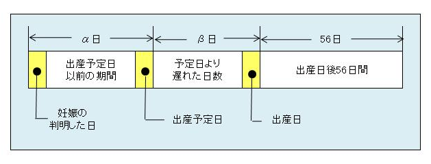 α日＝妊娠の判明した日＋出産予定日以前の期間＋出産予定日、β日＝予定より遅れた日数＋出産日